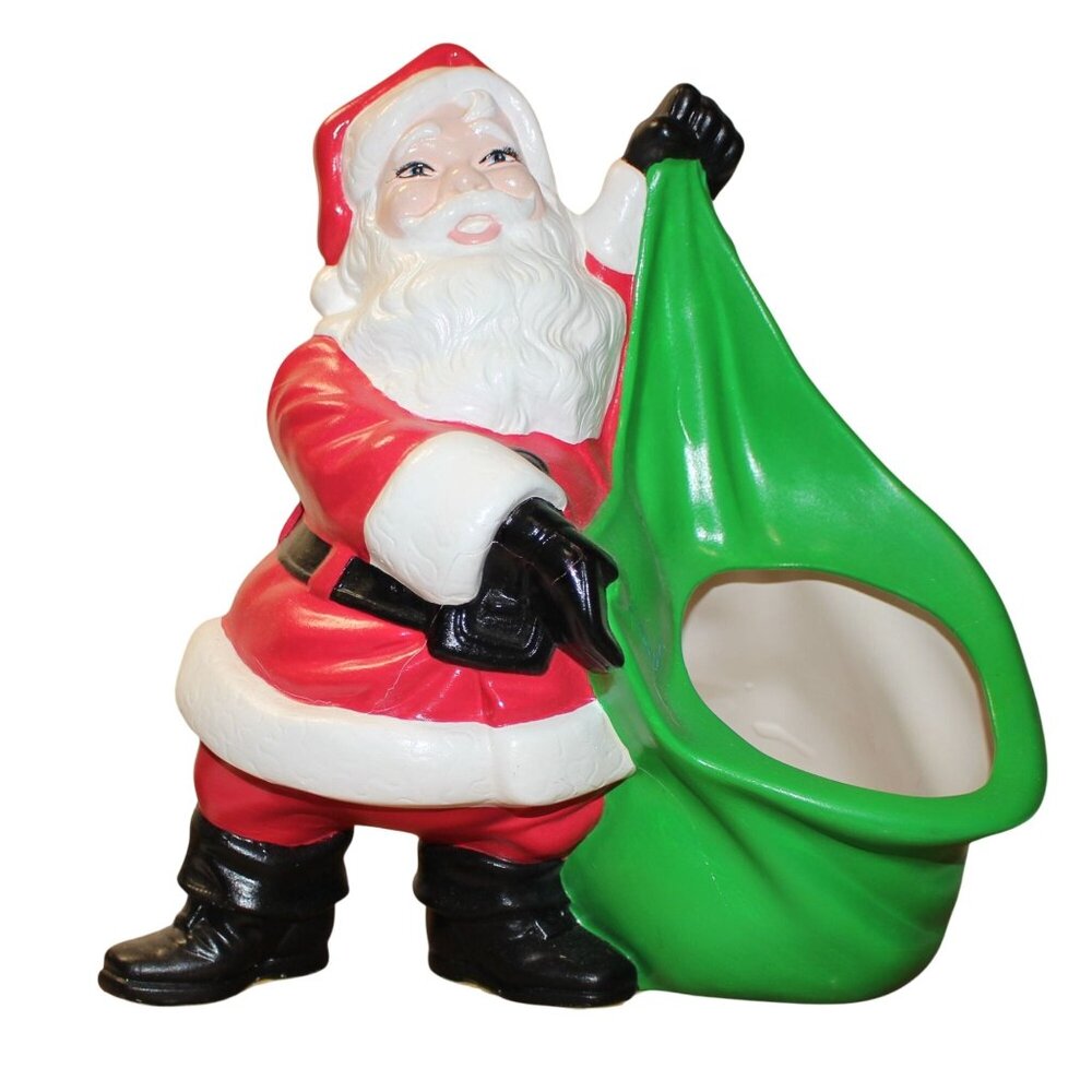 Vtg Byron Mold 817 Santa Claus Ceramic Planter w/Green Bag Repaired View Pics